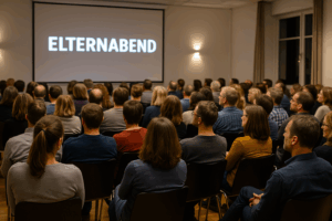 Eltern sitzen gemeinsam in einem Saal und lauschen beim Elternabend