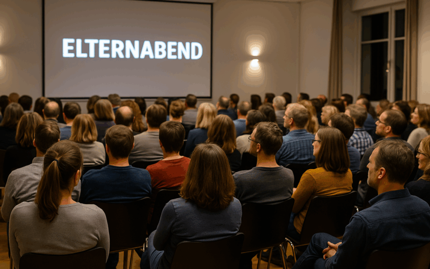 Eltern sitzen gemeinsam in einem Saal und lauschen beim Elternabend