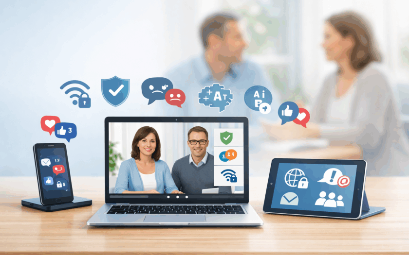 Laptop mit Videokonferenz sowie Smartphone und Tablet auf einem Tisch; im Hintergrund unscharf sprechende Eltern. Symbole zu Social Media, Datenschutz, KI und sicherer Internetnutzung veranschaulichen einen medienpädagogischen Online-Elternabend.