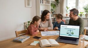 Eine Familie sitzt an einem Tisch und verbringt Zeit miteinander, während ein Laptop einen Bildschirm mit der Aufschrift „klickpunkt.schule“ und einer Grafik zeigt. Der Bildschirm zeigt eine Waage, auf der eine Seite ein Buch und die andere Seite elektronische Geräte hält. Die Waage ist ausgeglichen und stellt somit die digitale Balance dar. Außerdem zeigt das Bild eine Mutter, einen Vater, einen Sohn und eine Tochter. Sie alle lächeln und interagieren miteinander. Der Sohn hält ein Spielzeugauto, während die Tochter ein Malbuch hat. Der Laptop steht in der Mitte des Tisches und die Grafik ist gut sichtbar.