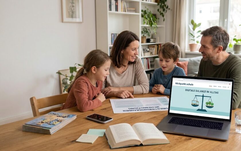 Eine Familie sitzt an einem Tisch und verbringt Zeit miteinander, während ein Laptop einen Bildschirm mit der Aufschrift „klickpunkt.schule“ und einer Grafik zeigt. Der Bildschirm zeigt eine Waage, auf der eine Seite ein Buch und die andere Seite elektronische Geräte hält. Die Waage ist ausgeglichen und stellt somit die digitale Balance dar. Außerdem zeigt das Bild eine Mutter, einen Vater, einen Sohn und eine Tochter. Sie alle lächeln und interagieren miteinander. Der Sohn hält ein Spielzeugauto, während die Tochter ein Malbuch hat. Der Laptop steht in der Mitte des Tisches und die Grafik ist gut sichtbar.
