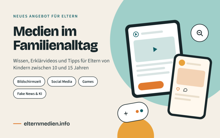 Illustration mit Tablet, Smartphone und Spielecontroller; Schriftzug ‚Medien im Familienalltag‘ mit den Themen Bildschirmzeit, Social Media, Games sowie Fake News und KI.